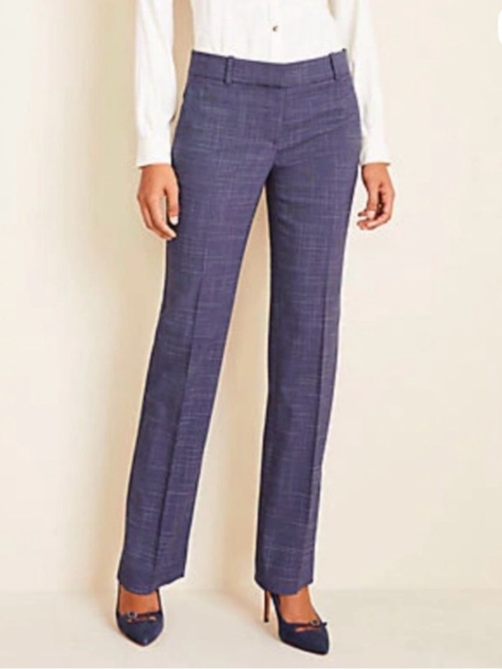 Ann Taylor Size 10 Tall Classic Straight-Leg Blue Crosshatch Dress Pant